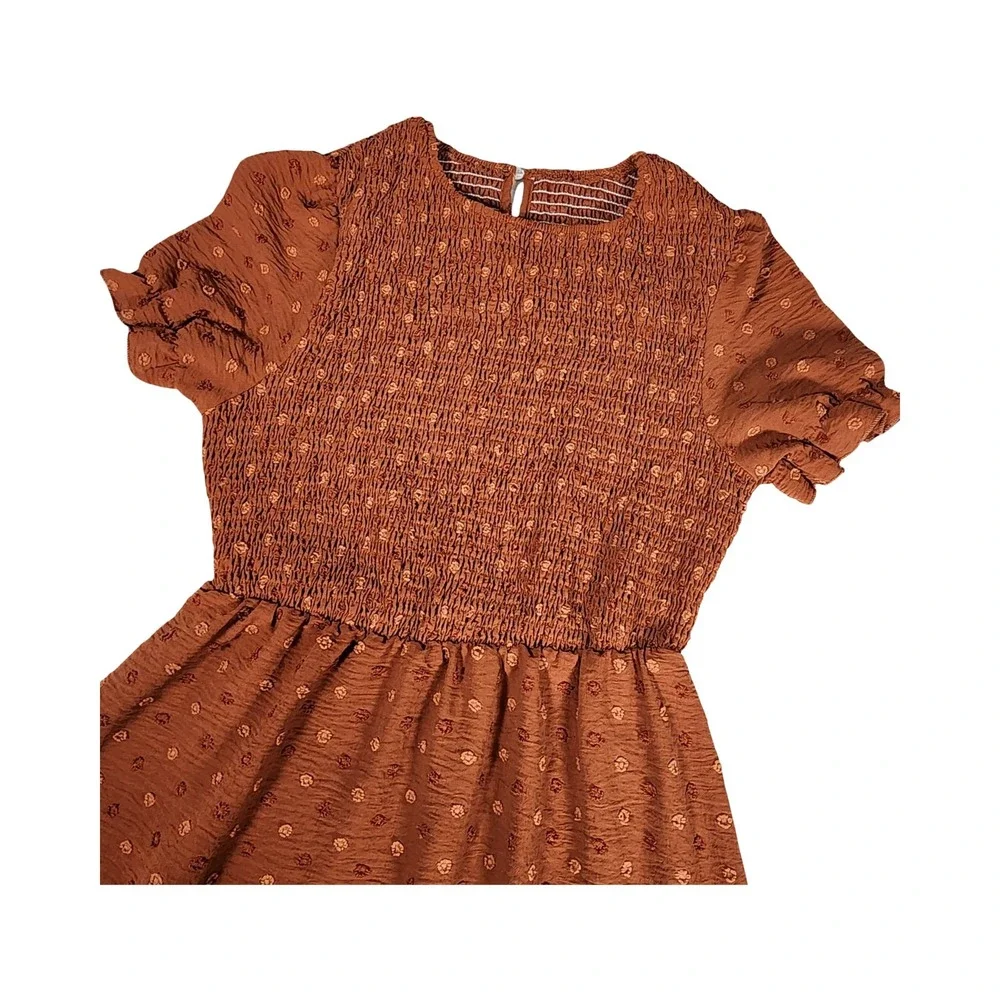 Shein Rust Brown Swiss Dot‎ Smocked Midi Dress Boho Tiered Short Puff Sleeve M 6 - Picture 9 of 11